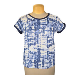 Lucky Brand Women's Blue White Tie‎ Dye Knit T-Shirt Top Rolled Cuff Size L/G